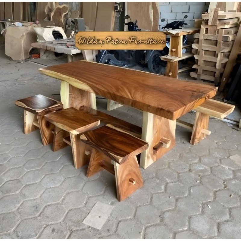 SET MEJA MAKAN 150CM 1 BANGKU PANJANG 2 STOOL KAYU TREMBESI SOLID FINISHING