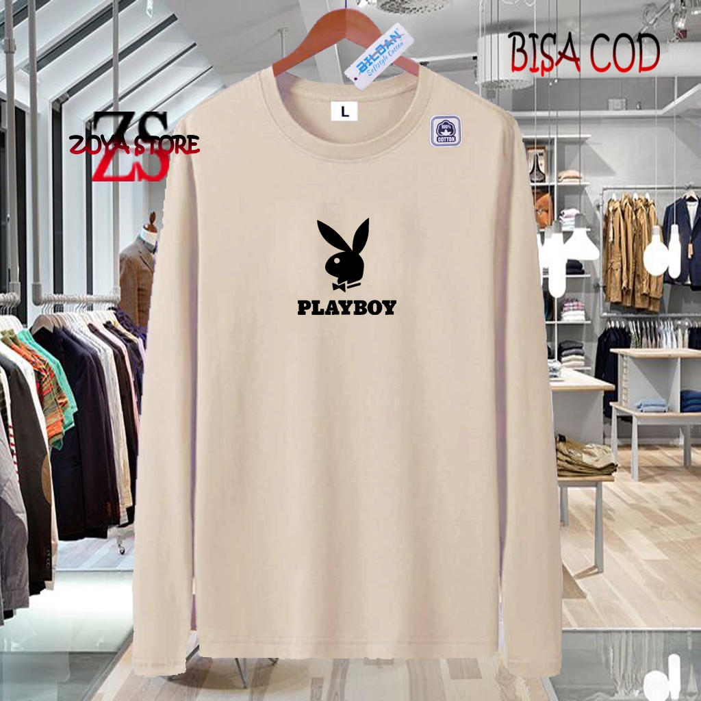 COD  Baju Kaos Distro Playboy Text Hitam Premium Quality Kaos Cotton Combed 30s Lengan Panjang T-Shr