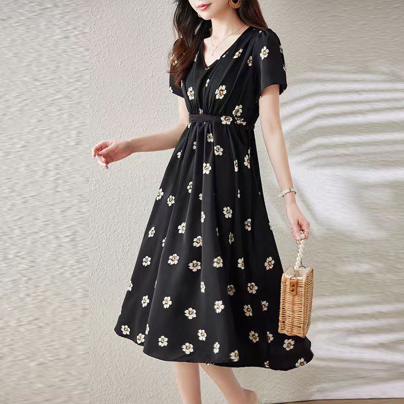 2512-Dress hitam floral vintage casual korea