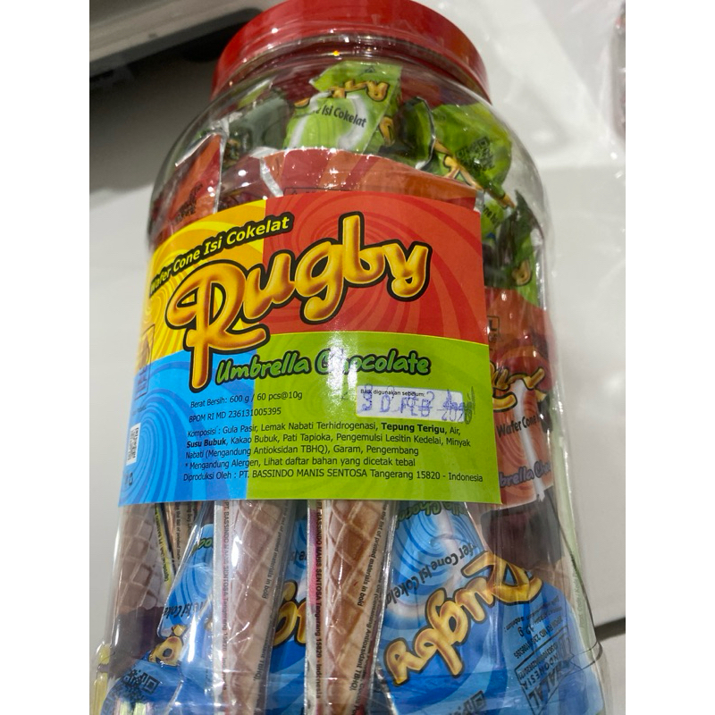 

permen rugby wafer cone isi coklat