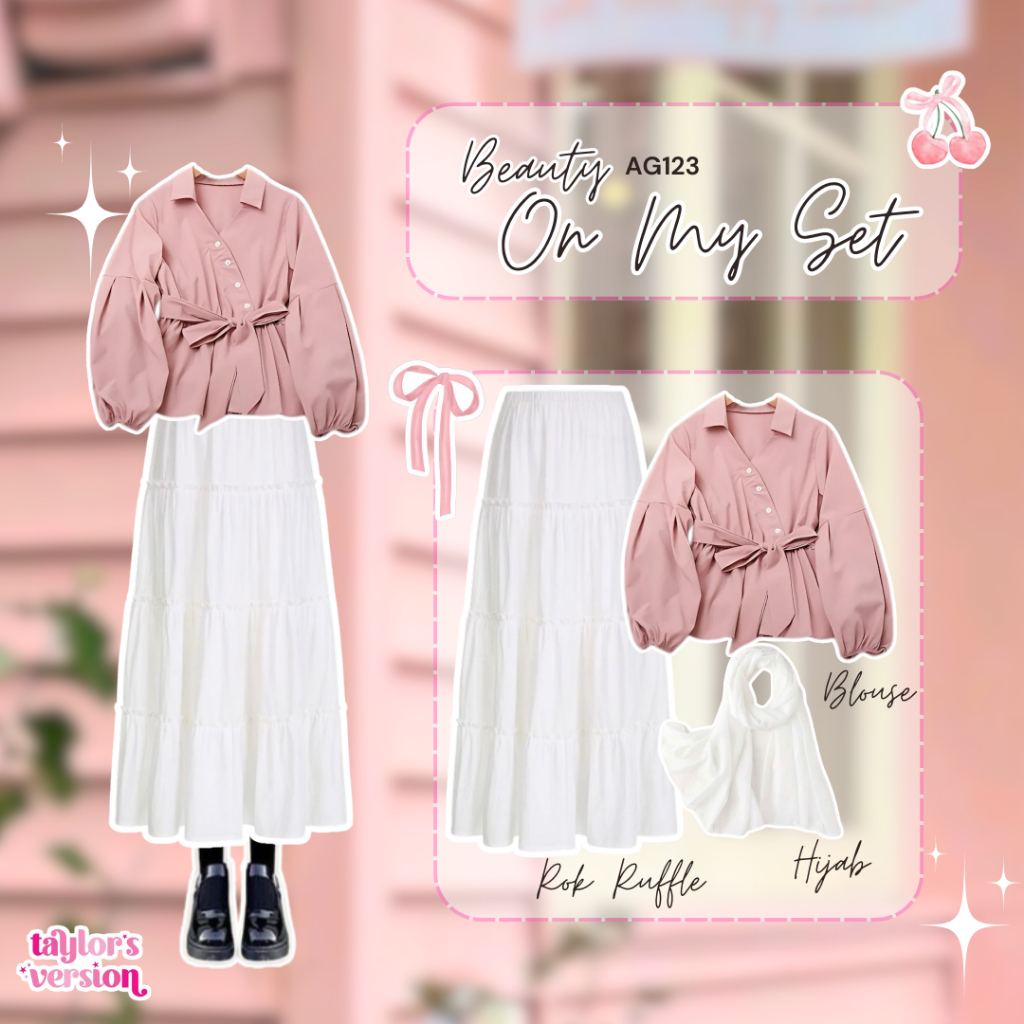 OOTD Paket Hemat Outfit Set Korean Style Wanita Terbaru Blouse Pink Set Rok Ruffle Outfit Piknik Can