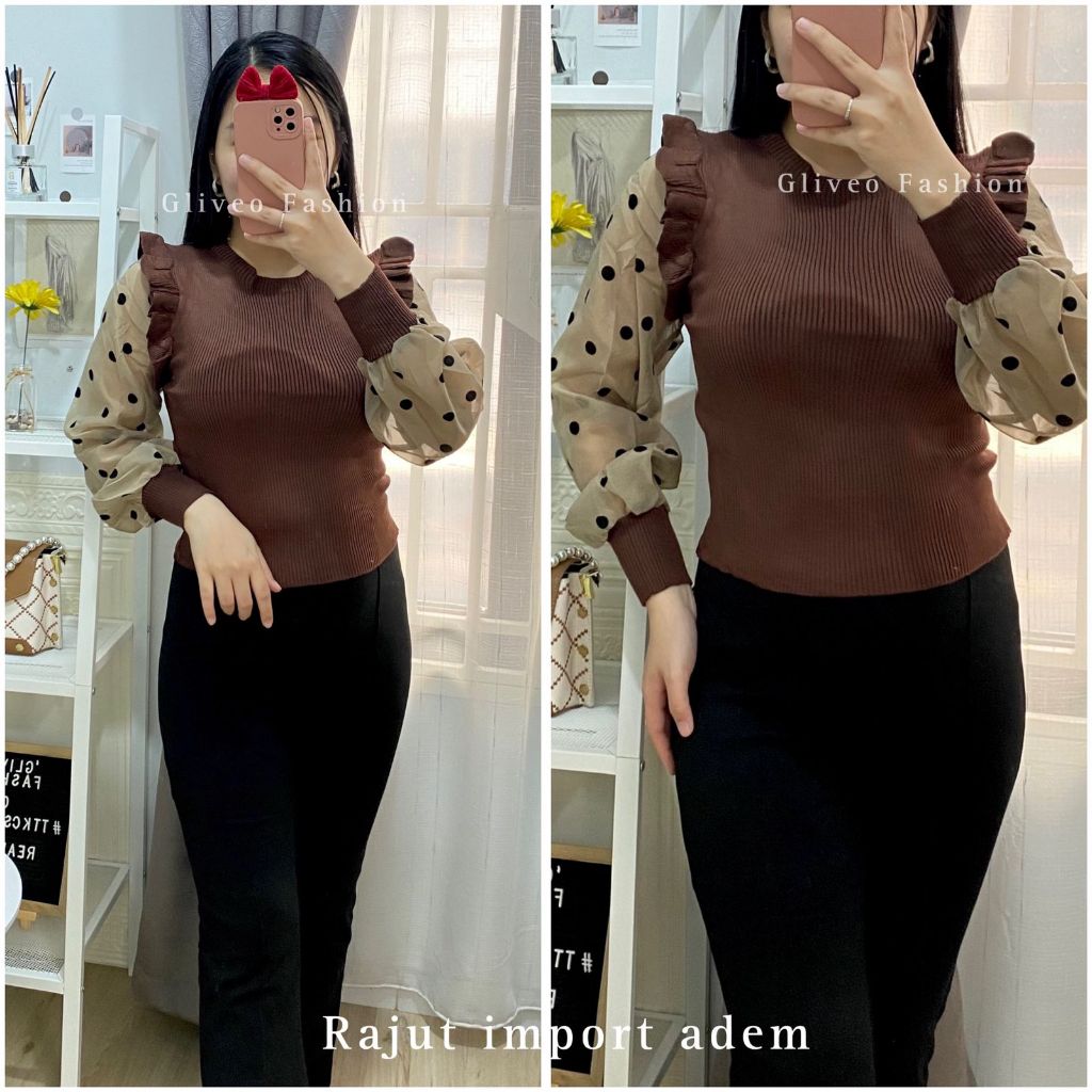GLIVEO (COD) - BLUS RAJUT TANGAN POLKA PITA IMPORT/ ATASAN RAJUT LENGAN PANJANG WANITA / BLUS RAJUT 