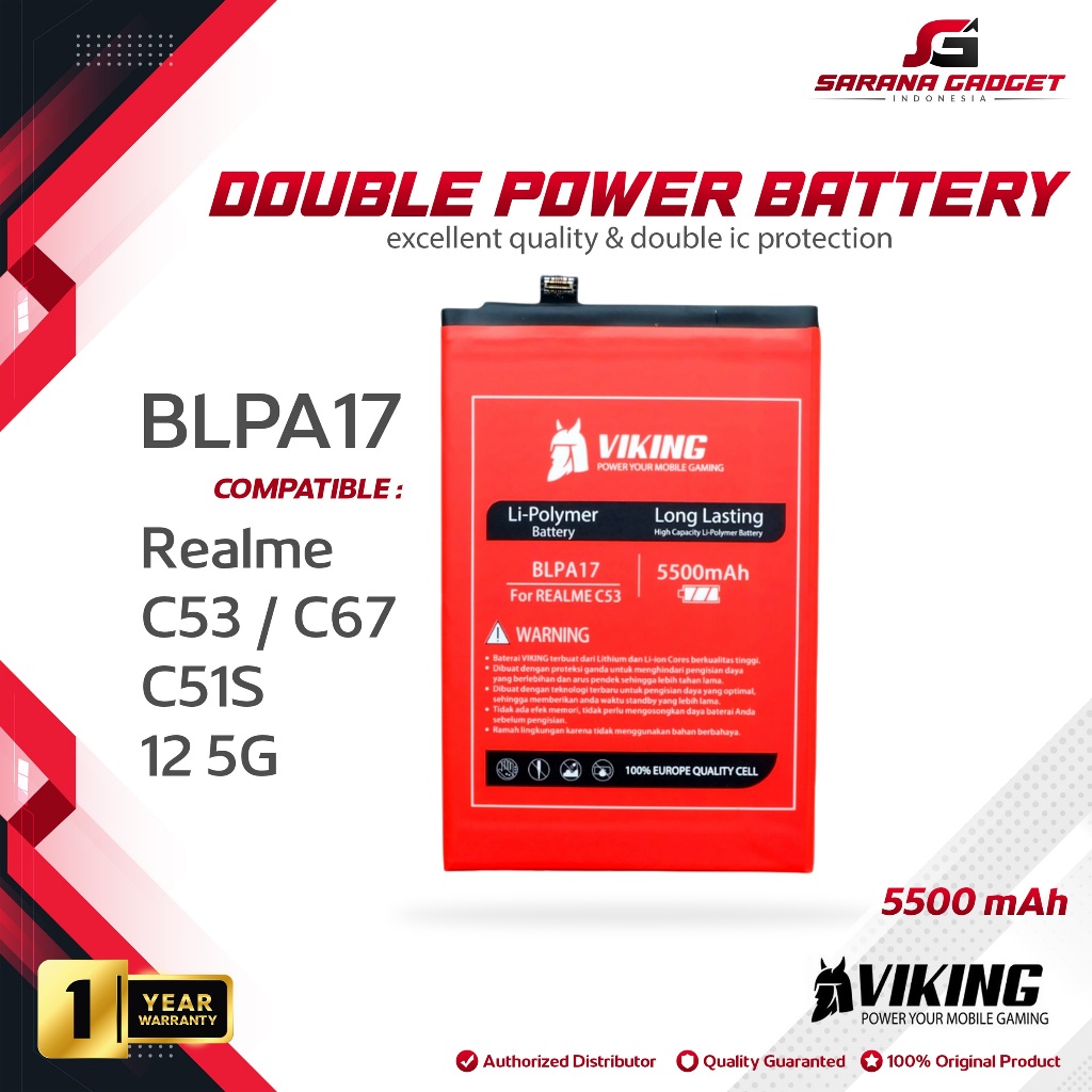 VIKING Double Power Baterai BLPA17 Realme C53 C67 C51S 4G 12 5G Batre Batrai Battery Original Ori HP