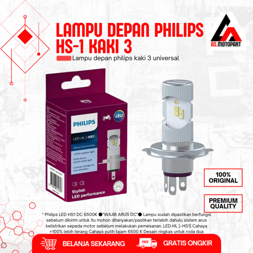 BOHLAM LAMPU DEPAN MOTOR LED HS1 H4 12V KAKI 3 PUTIH PHILIPS