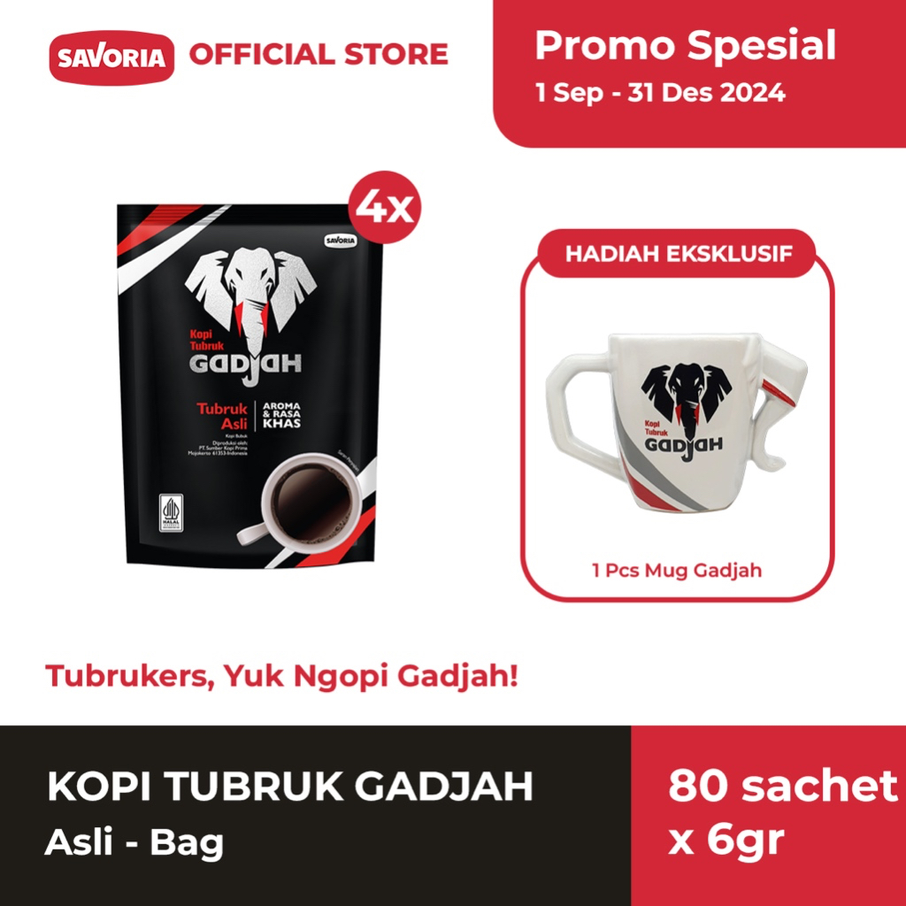 

Kopi Tubruk Gadjah Asli Pouch 80 Sachet x 6g Gratis Mug Gadjah