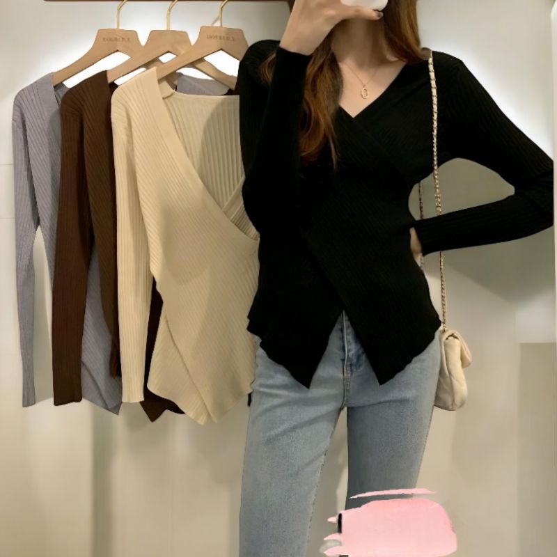 Eliza Jiso Sweater Knite Baju Atasan Wanita V-Neck Korean Style Wrap Top Atasan Rajut Wanita V-Neck 