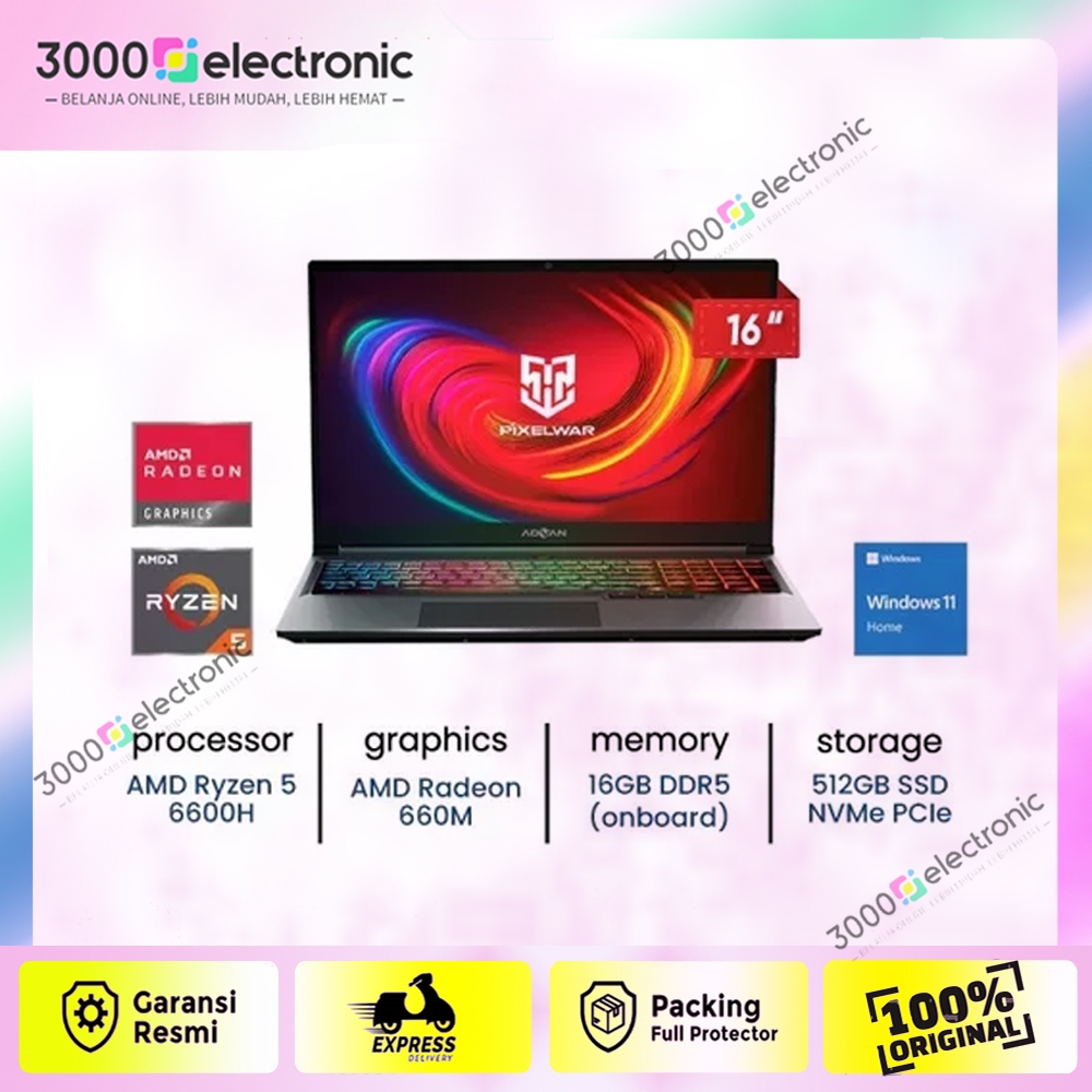 Advan Laptop Gaming Pixelwar amd ryzen 5 6600H 16/512 16GB 512GB Layar 16" 2.5k IPS win 11 Original 