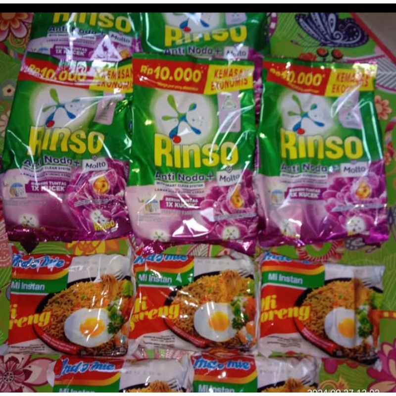 

Indomie goreng + Rinso 10.000