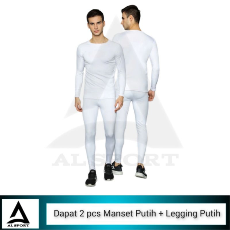STELAN OLAHRAGA PRIA BAJU MANSET LENGAN PANJANG CELANA LEGGING BASELAYER PUTIH