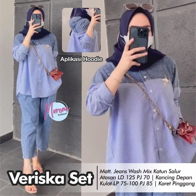 Veriska Rosa One Set Setelan Jeans Celana Blouse Mix Katun Salur Ld 125 Jumbo Fit XXXL By Morena