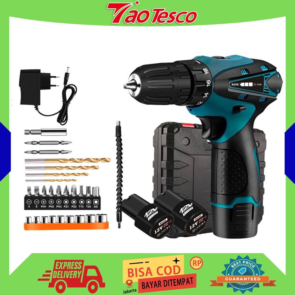 Mesin Bor Baterai 10mm 12V Mesin Bor Listrik Dual Speed Cordless Drill Set Dua Kecepatan Bor