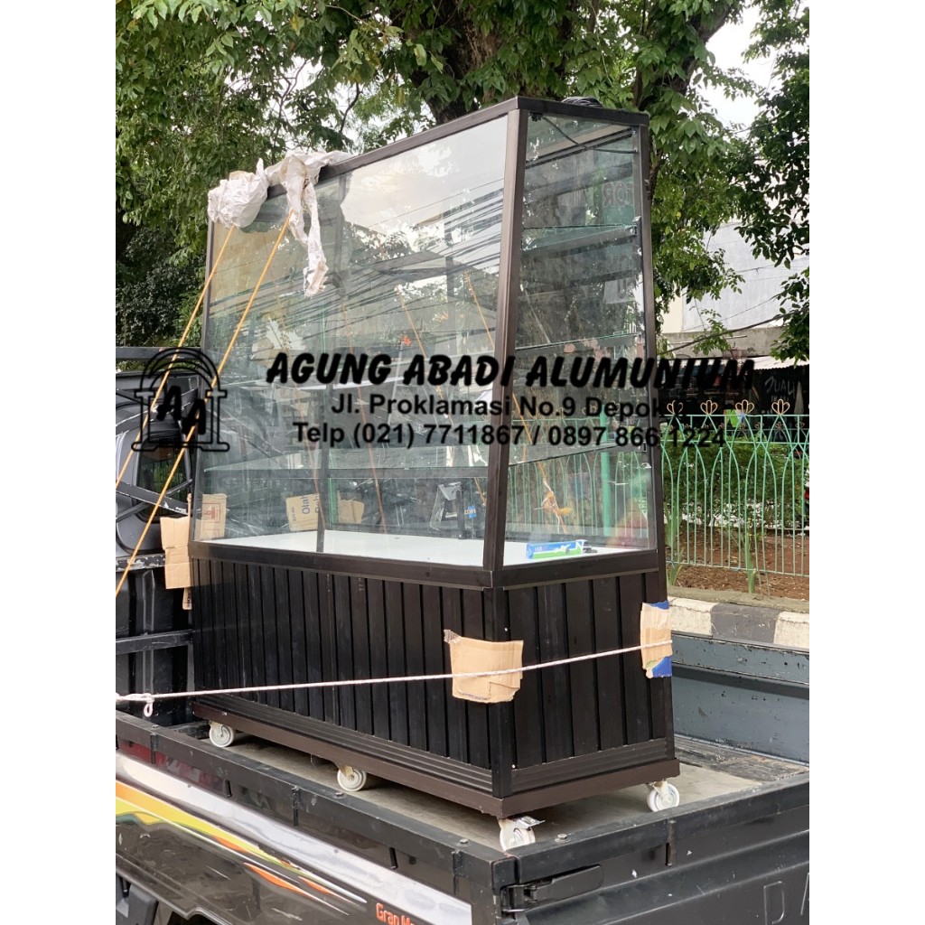 etalase kue roti jajanan alumunium cokelat