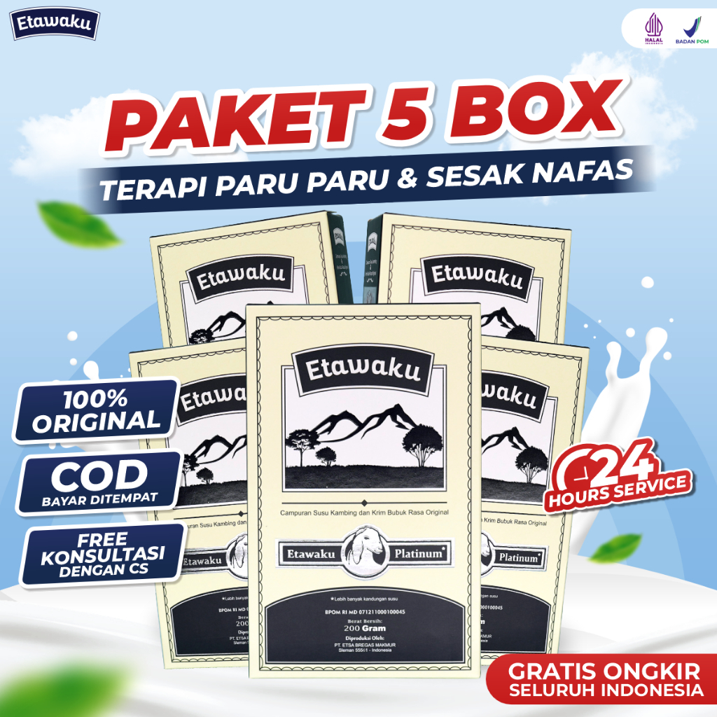 

PAKET 5 BOX ETAWAKU PLATINUM - SUSU KAMBING ETAWA ASLI TERBUAT DARI BAHAN ALAMI TANPA PEMANIS BUATAN DAN BAHAN PENGAWET BERBAHAYA MEMBANTU MENGATASI MASALAH PERSENDIAN DAN PERNAFASAN TANPA TERAPI RESMI TERDAFTAR BPOM DAN MUI