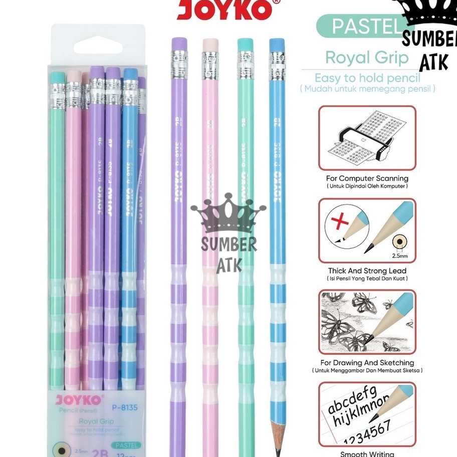 

GRATIS ONGKIR Pencil Pensil P8135 Royal Grip Pastel 2B With Eraser 1 Box 12 Pcs