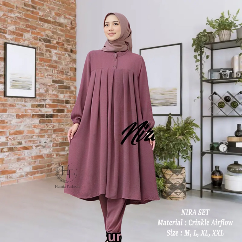 HAMIA|Nira|Setelan Gamis Busui Wanita Premium Atasan Tunik Polos & Celana Kulot Oversize Terbaru