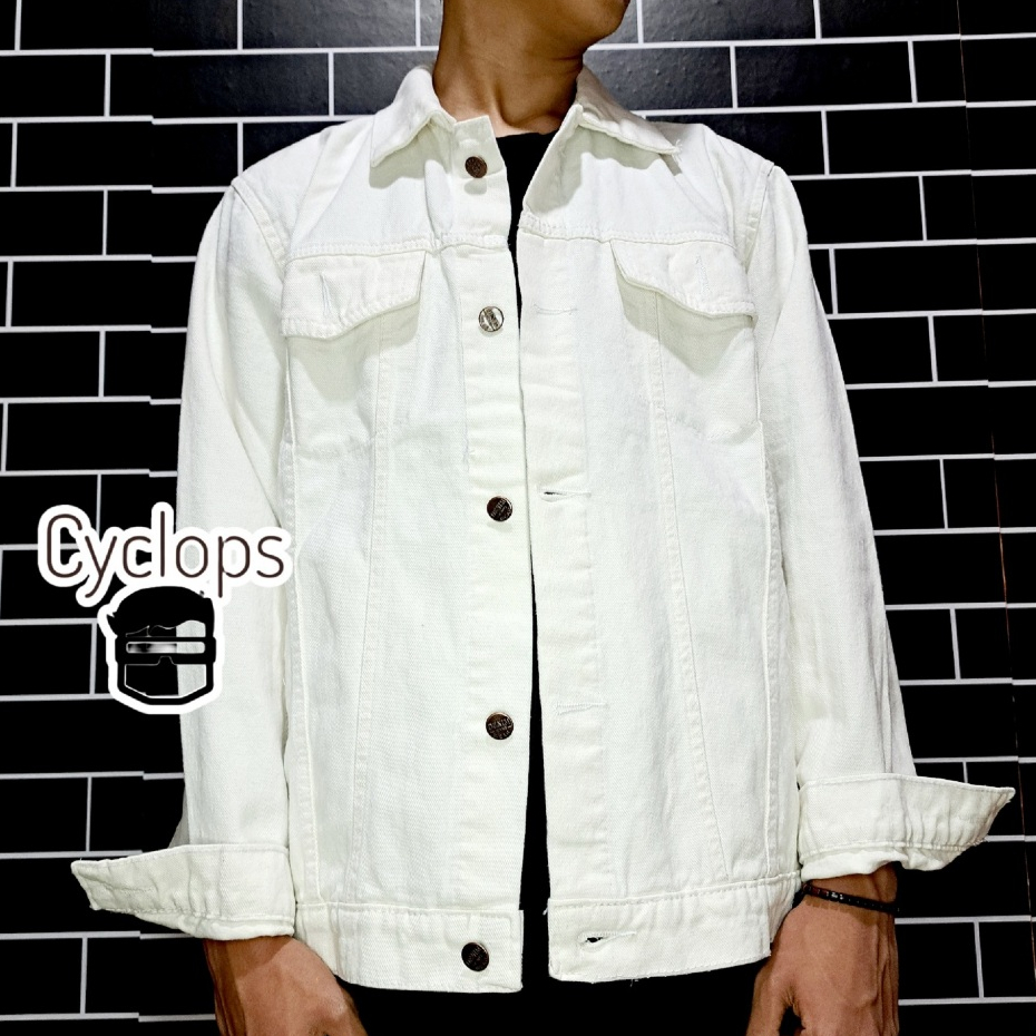 JAKET JEANS DENIM VINTAGE PRIA - PUTIH POLOS