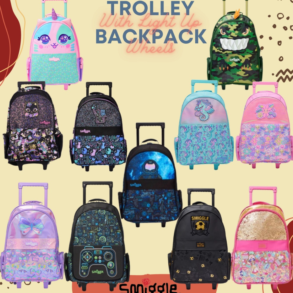Sangat Nyaman Smiggle Bag Backpack Trolley Light wheel troli dengan roda lampu