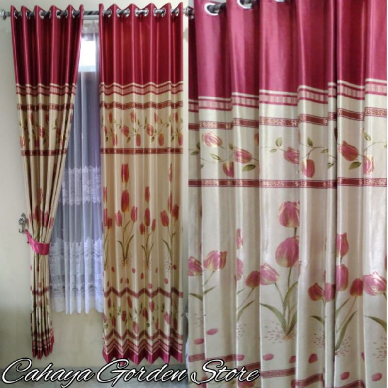 Tirai Gorden Smockring Blackout Motip Bunga Tulip Merah Cream Glossy FREE Tali Dan Cantolan