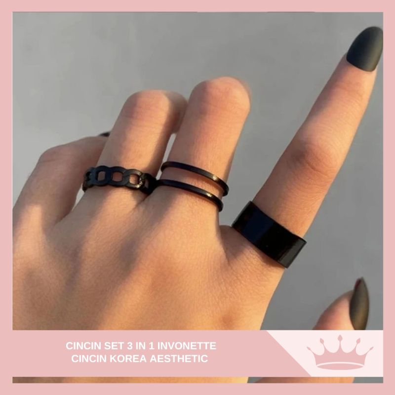 Cincin Set 3 in 1 Wanita Pria Korea Ins Ring Black silver Gaya Hip Hop Unisex / Cincin Korea Aesthet