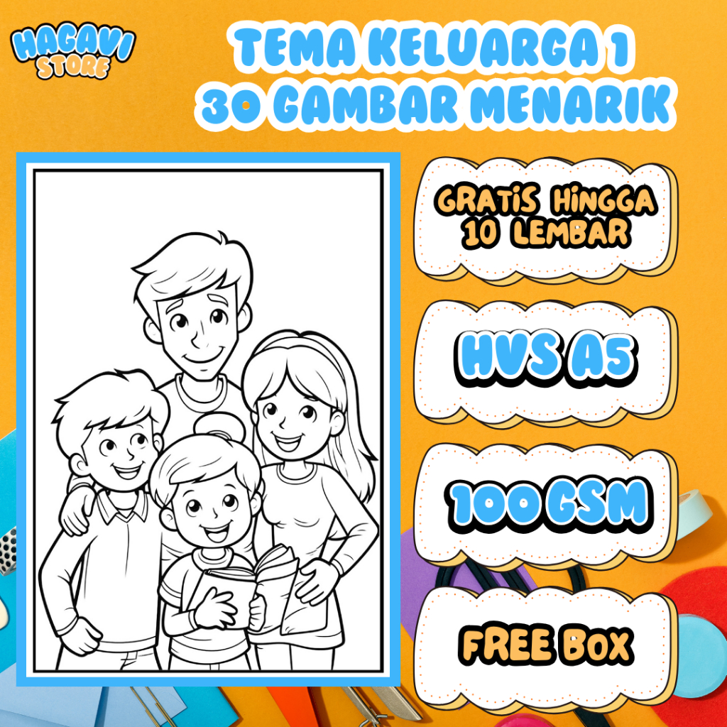 

Kertas mewarnai anak Coloring Sketsa 30 Gambar (HVS A5 100gsm) Tema Keluarga 1