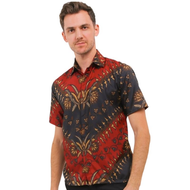 STRBTQ Baju Batik Pria Hem Batik Pria Kemeja Batik Pria Lengan Pendek Keris Merah