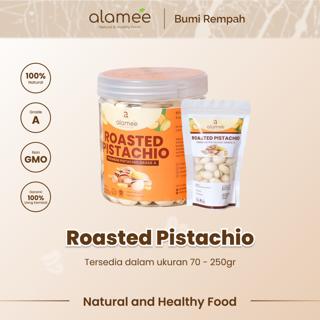 

ALAMEE Kacang Pistachio Pistacio Panggang Fustuk Roasted Premium Organic Dalam Cangkang Renyah 250g