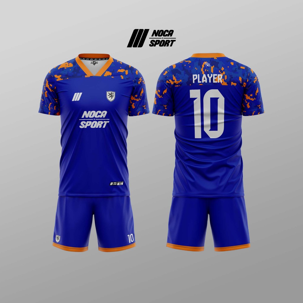 BAJU JERSEY BOLA / FUTSAL FULL PRINTING - CAMO BIRU OREN - FREE NAMA & NOMOR PUNGGUNG