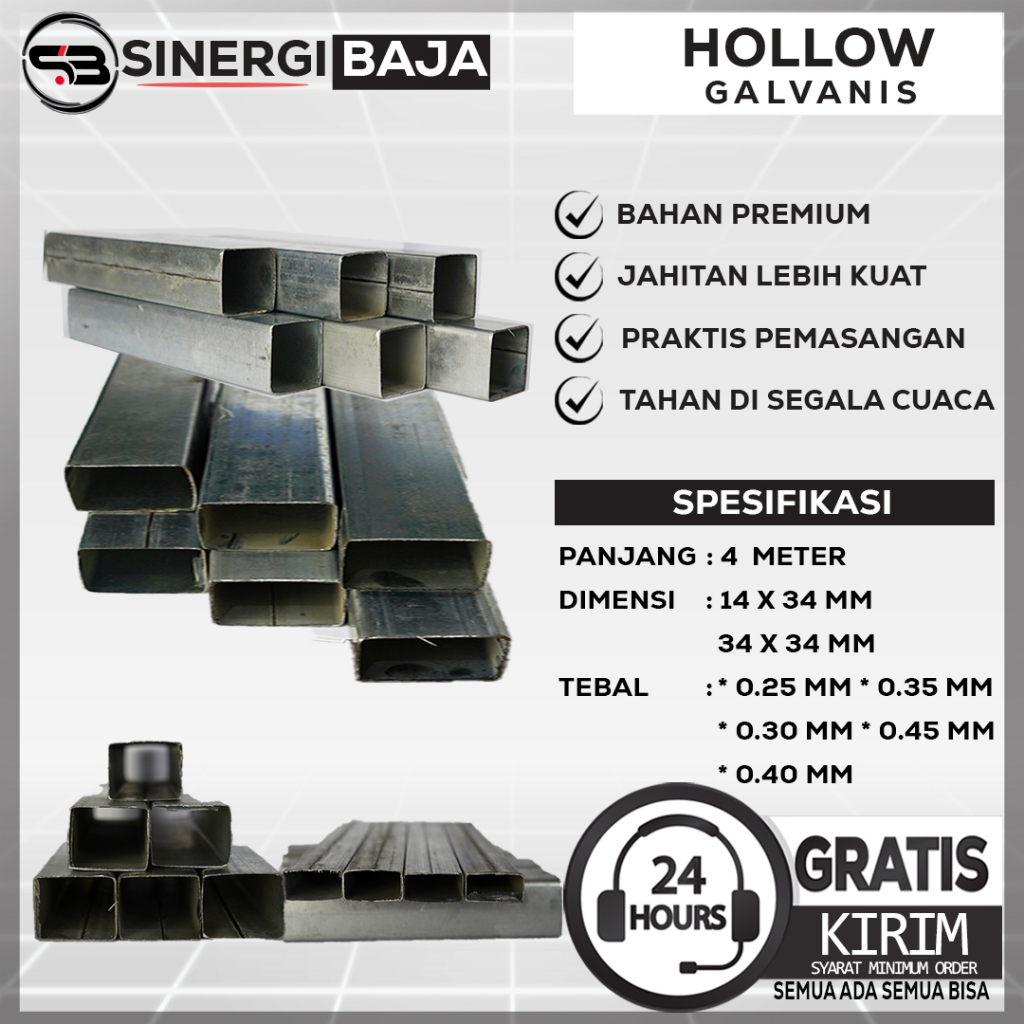 Besi Hollow Galvanis Rangka Besi holo Panjang 4 Meter