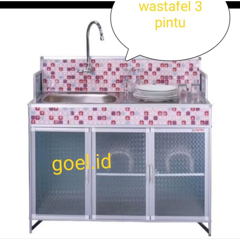 MEJA WASTAFEL 3 PINTU  / MEJA KOMPOR WASTAFEL 3 PINTU/ RAK PIRING WASTAFEL 3 PINTU / RAK PIRING KACA