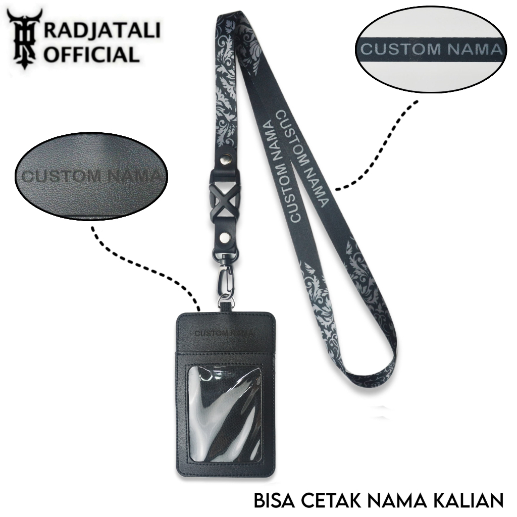 

[K3] Lanyard Kulit Holder ID Card Custom Nama Grafir Leather - BLACK