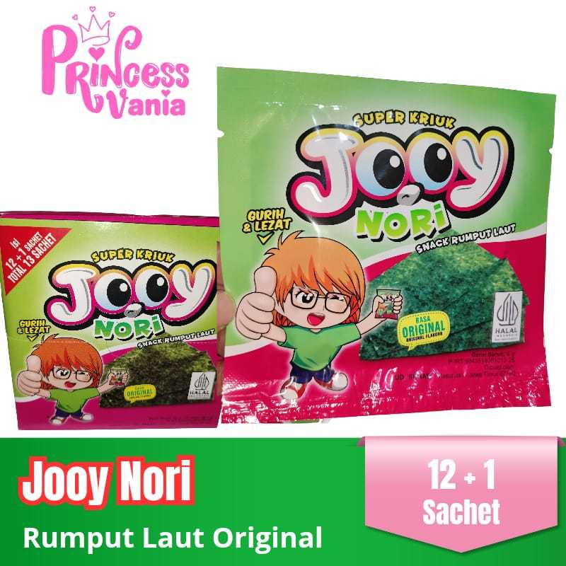 

JOOY NORI SNACK RUMPUT LAUT ORIGINAL ISI 12 SACHET PER BOX RASA GURIH DAN LEZAT SUPER KRIUK