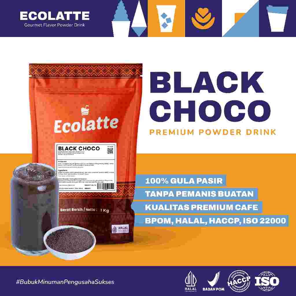 

ECOLATTE BLACK CHOCO BUBUK MINUMAN 1 KG PREMIUM Powder Drink Supplier Serbuk Minuman Enak Jakarta HALAL BPOM