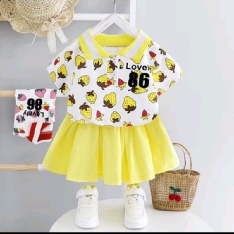 Setelan Set Rok Anak Perempuan Stroberi Atasan Kaos + Rok Katun Pendek Cute Berkualitas Bagus
