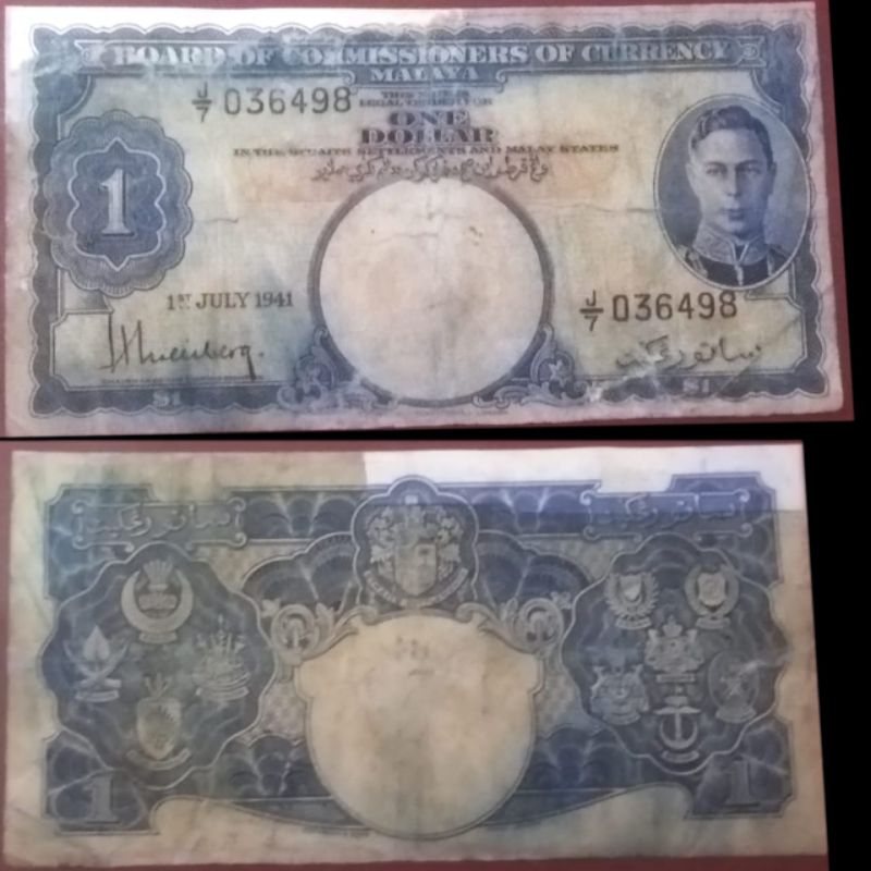 Uang Kuno Negara Malaya British Borneo 1 Dollar Tahun 1941 Kondisi Kertas Masih Bagus dijmain Origin