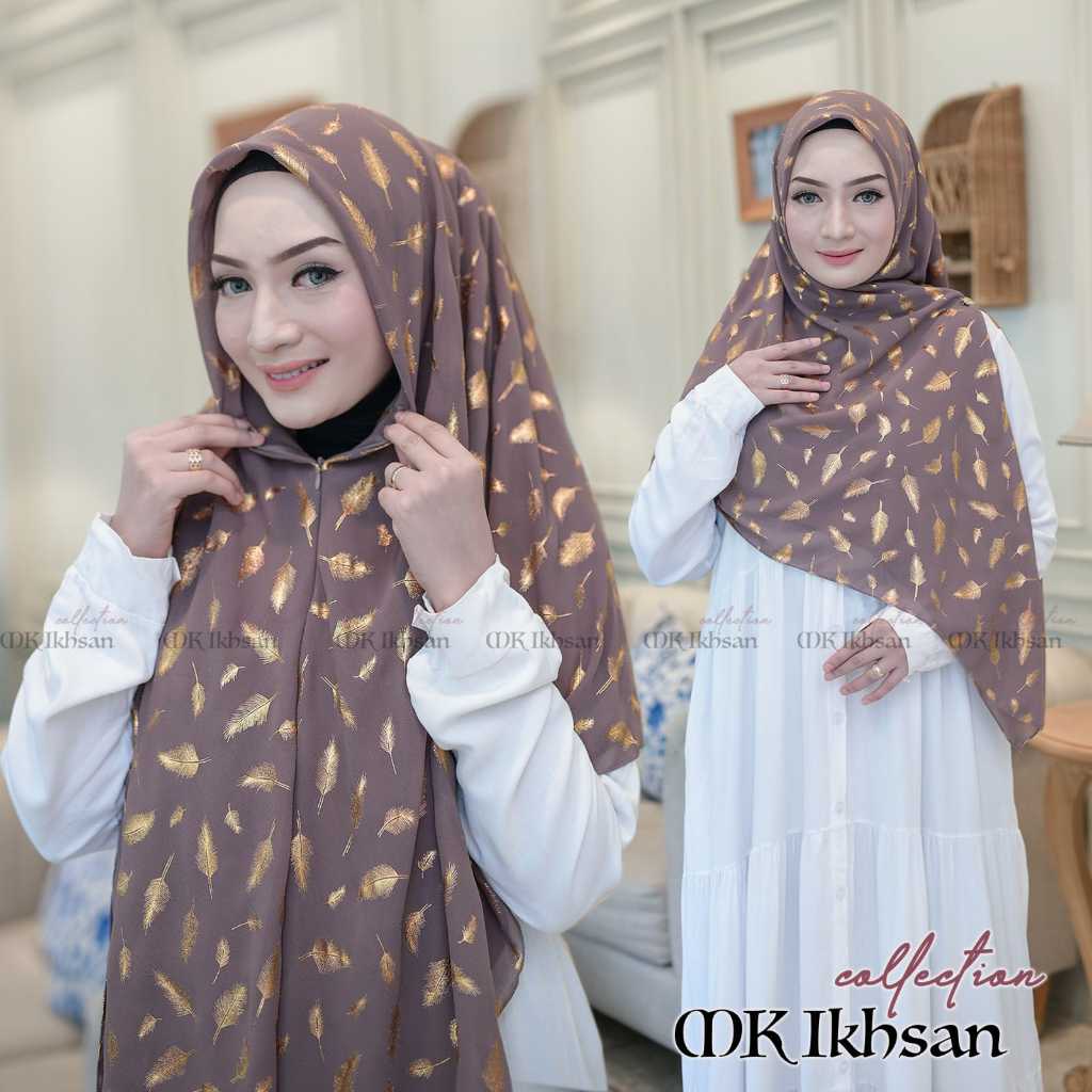 RANIA HIJAB SEGI EMPAT ZIPPER MOTIF BULU AYAM GOLD CERUTY BABYDOLL FRANCE VOILE,HIJAB INSTAN RESLETI