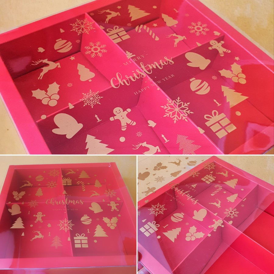 

(5 pcs) Dus Hampers Natal Sekat 4 Box Hampers Cookies Mika Christmas Warna Merah ukuran 22 x 22 x 6cm