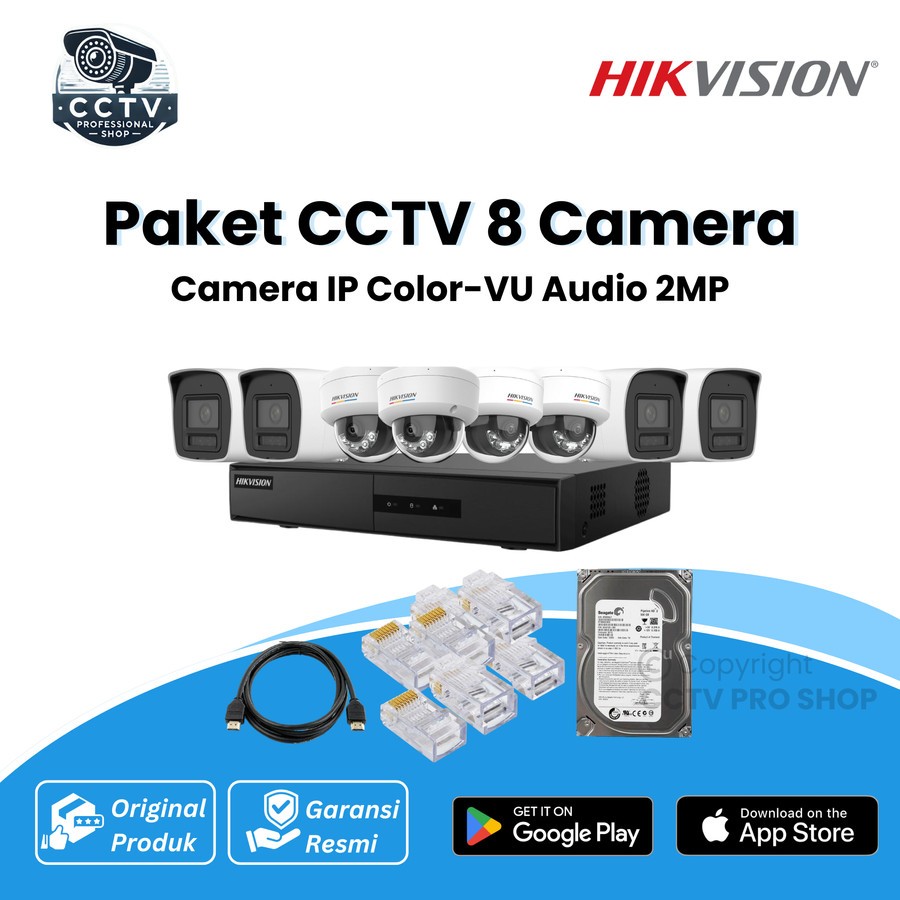 Paket CCTV IP camera full colour + suara Hikvision 8 Camera 2MP 1080P Color VU Audio