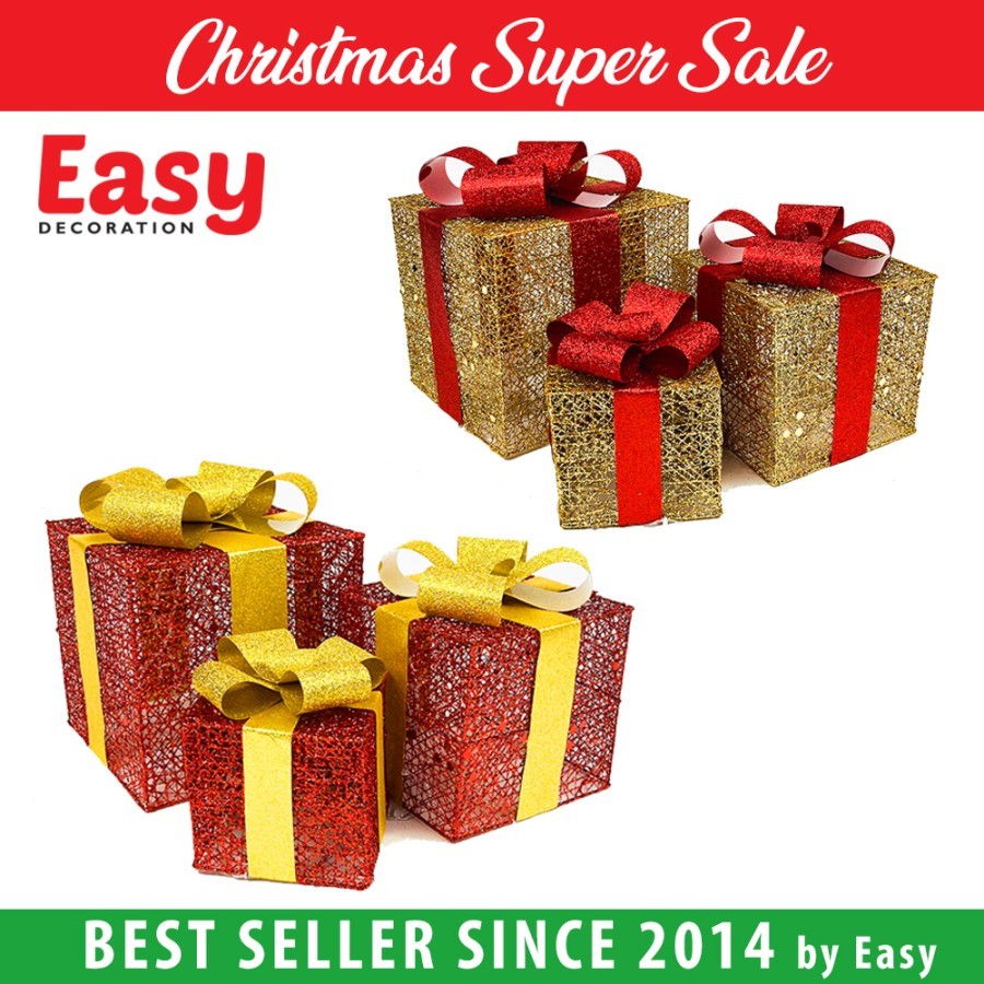 

EASY DECORATION Box Kado Hadiah Natal Besi Gold - Red 1set isi 3box