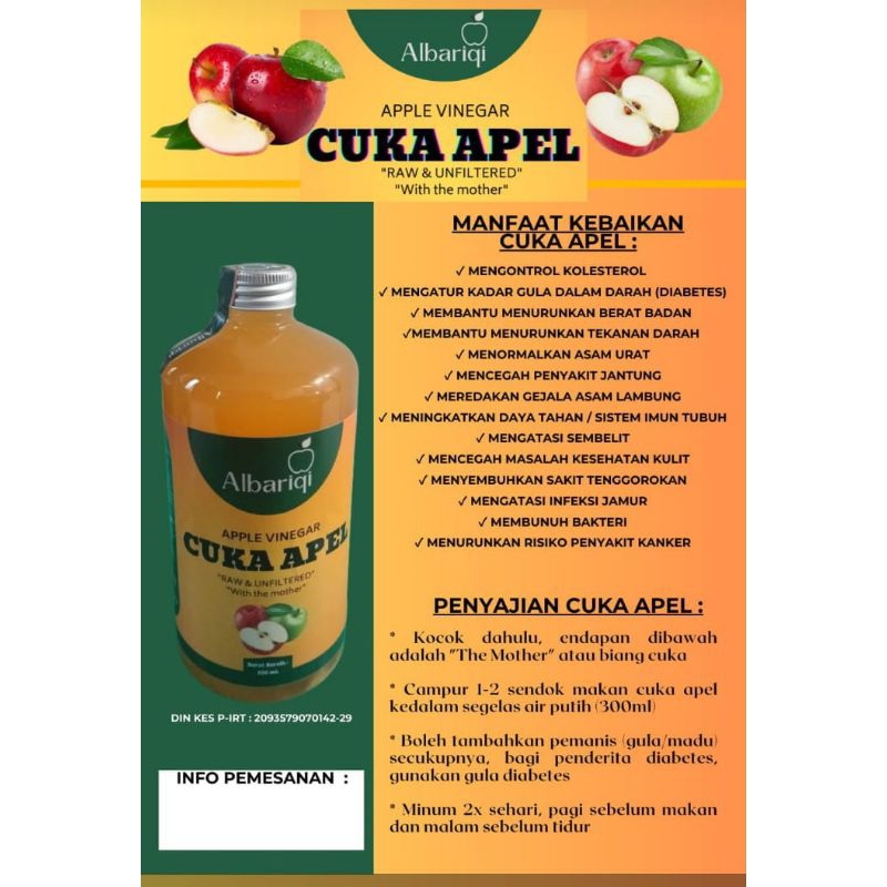 

CUKA APEL KOTA BATU ORIGINAL PREMIUM ALBARIQI 500ML/ Apple vinegar