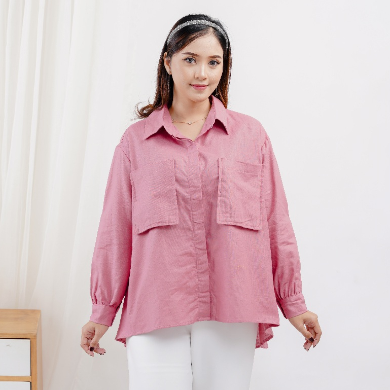 Blouse Jumbo Kekinian Kemeja Wanita Plus Size Blus Linen LD 120