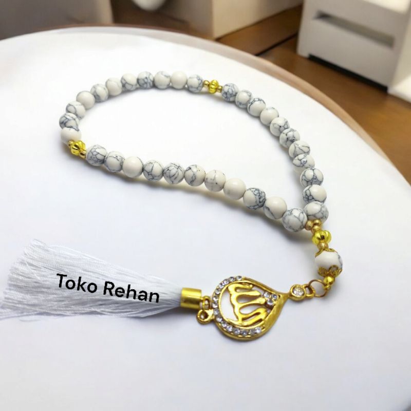 Tasbih Batu Pirus Putih 33 Butir 8mm Lafad Allah
