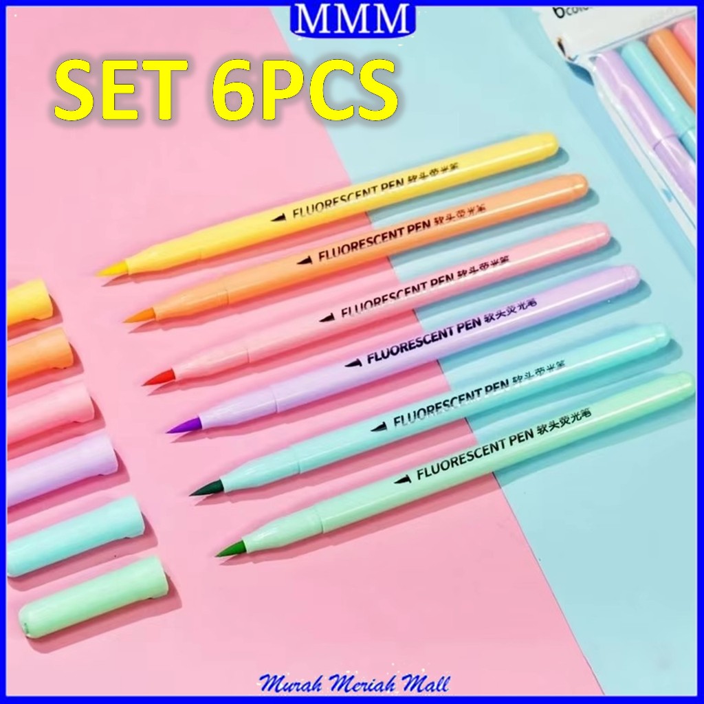 

MMM Set Pen Highlighter 6pcs Brush Pen Calligraphy Brush Lettering Aesthetic Vintage Warna Warni Brush Marker Pena Kuas Warna Pulpen Brush Marker Highlighter Warna Pastel Random