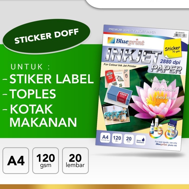 

Ay00! Inkjet Sticker Paper BluePrint A4 70Gsm 20Sheet Doff BP-ISA4070 Kertas Stiker HVS Putih Polos