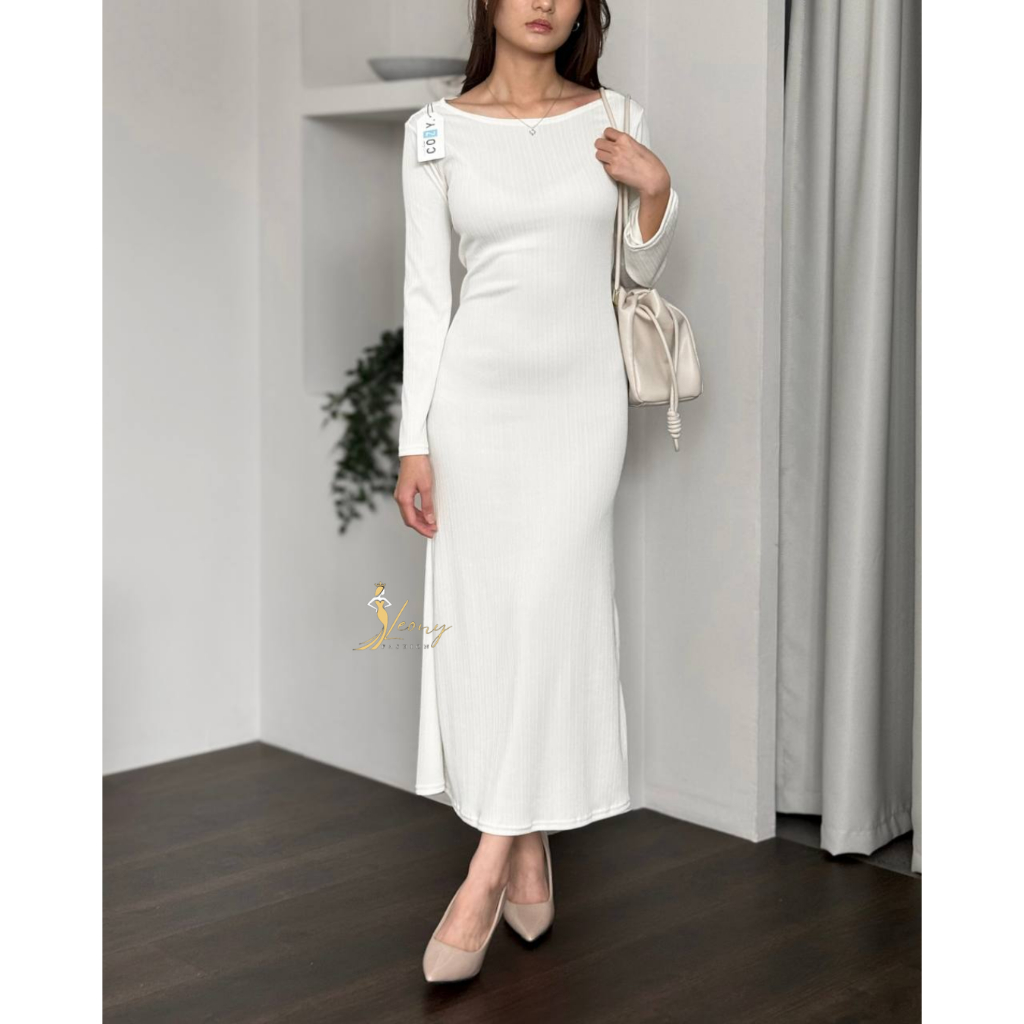 LEONY Nicolette Dress - Basic Knit Dress Bodycon - Long Dress Casual Wanita