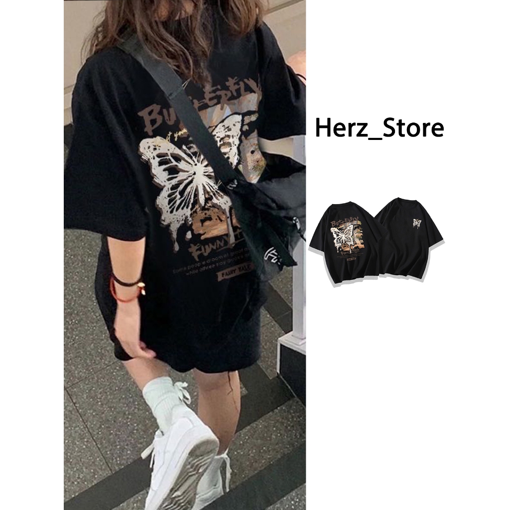 T-shirt Oversize Hitam Lengan Pendek Wanita Retro Vintage Butterfly Print Korean Style Kaos Kece Cew