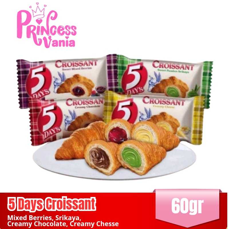 

5 DAYS CROISSANT ECER ROTI KROISAN 60GR RASA MIX BERRY CREAMY CHEESE CREAMY CHOCOLATE SRIKAYA