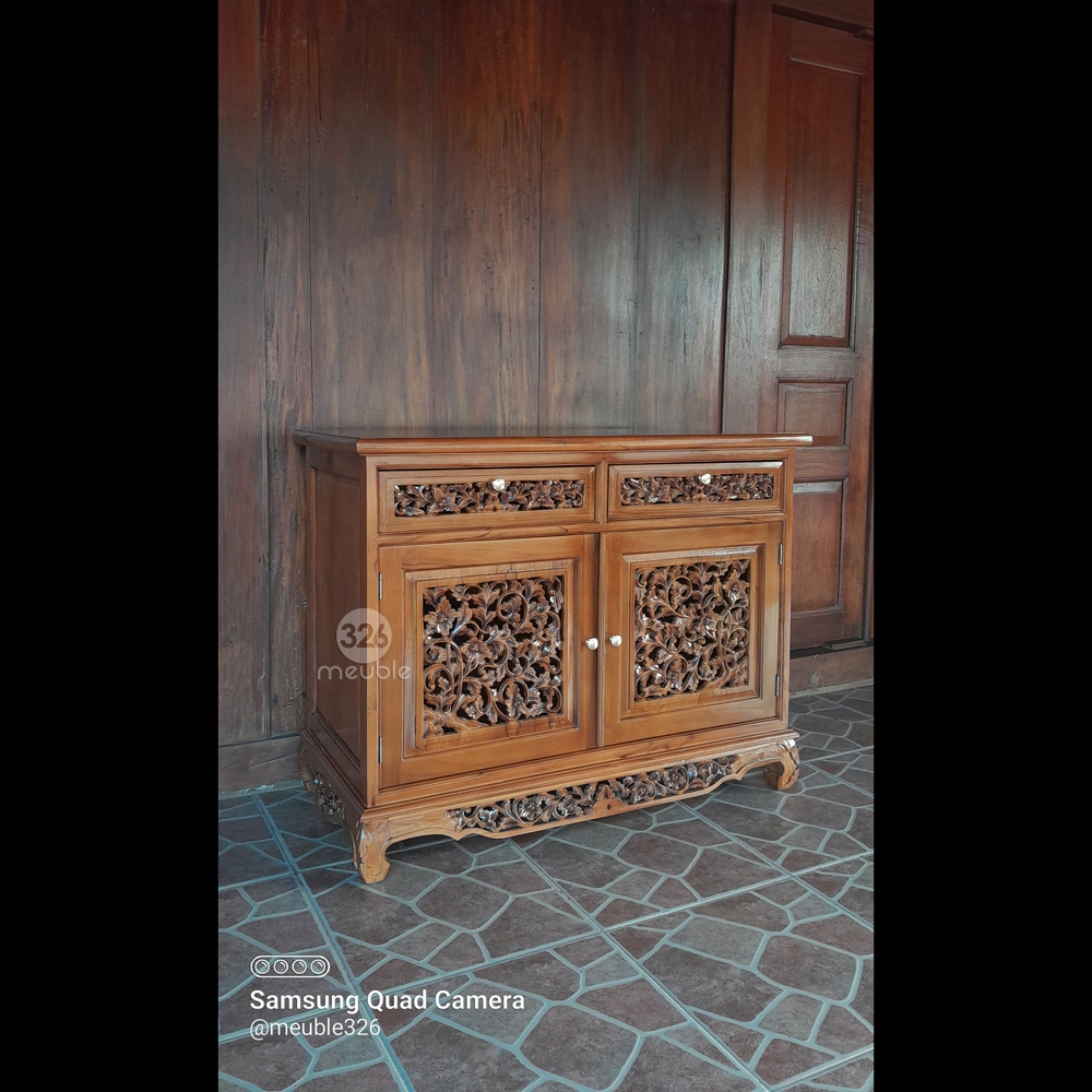 Bufet Palembang Ukir 2 Laci - Meja TV Palembang - Bufet Pendek Jati
