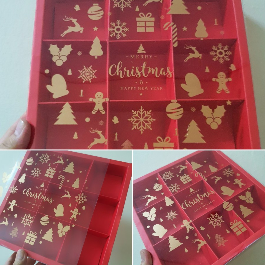 

5 pcs box mika kemasan eggtart sekat isi 9 ukuran 7x7x4cm warna merah christmas