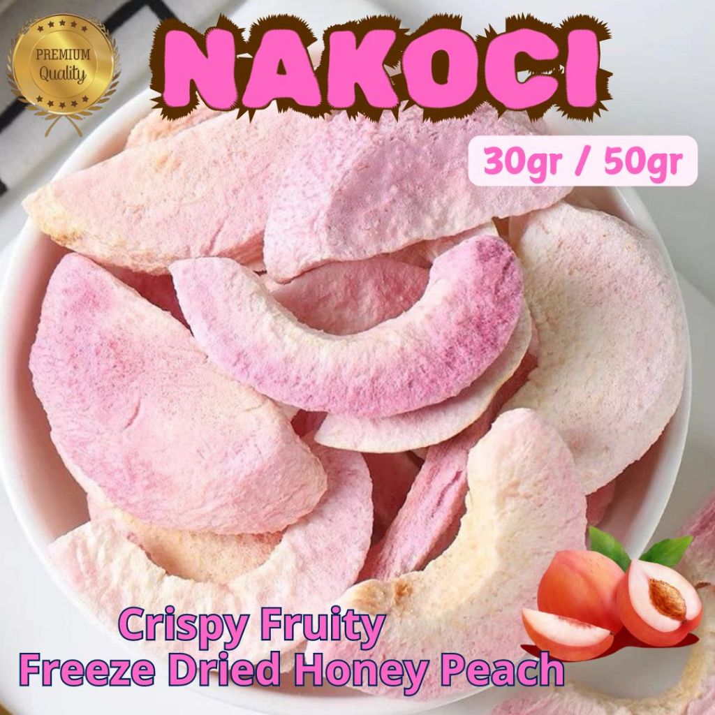 

LAGI VIRAL !!! NAKOCI Honey Peach Kering Premium Crispy Freeze dried Honey Peach Buah Persik 30gr / 50gr