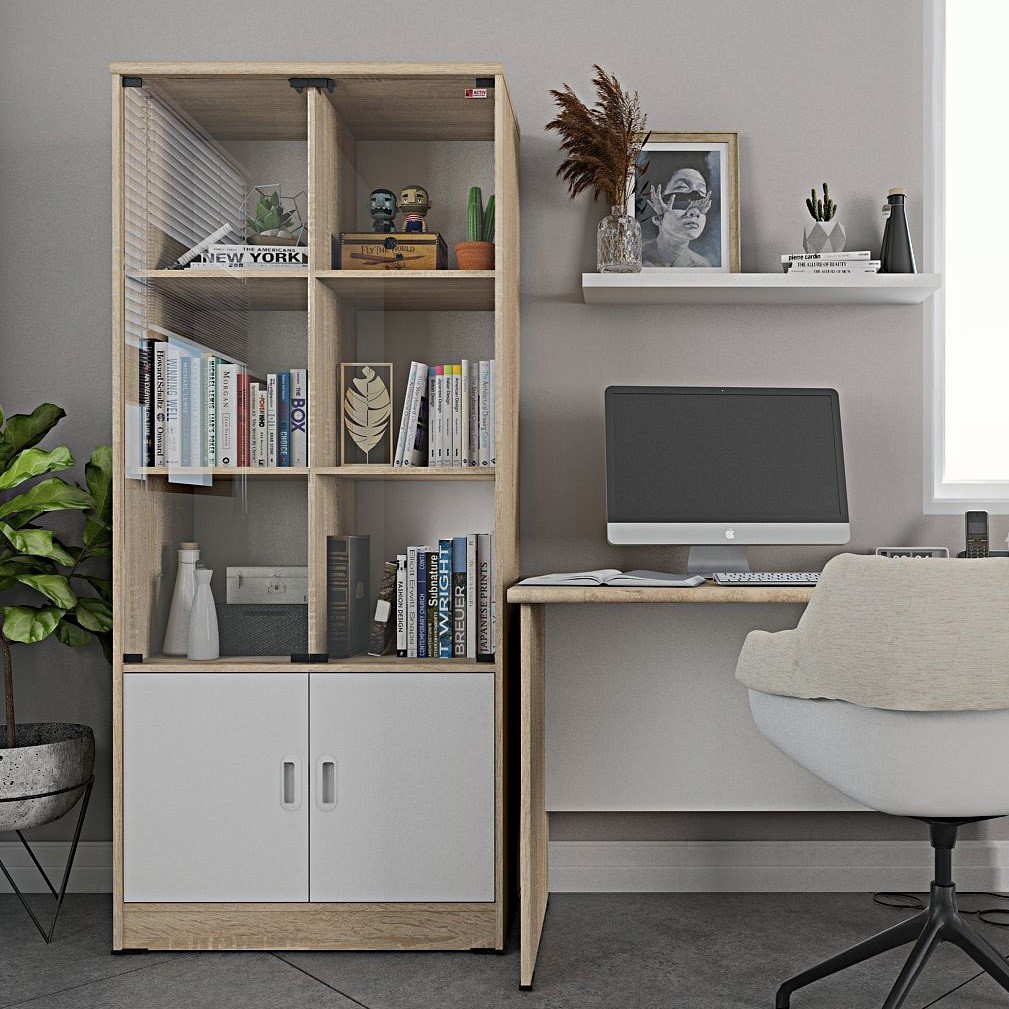 Lemari Arsip Kaca / Sliding Cabinet / Rak Buku Kaca / Activ Galant SC 81 G - Sonoma Oak - White